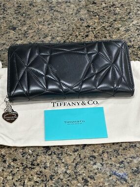 Tiffany & Co. Black Quilted Leather Zip-Around Wallet with Heart Charm